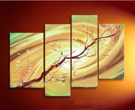 Multi-colour Background With A Branch On Canvas Four Pieces Modern Oil Paintings