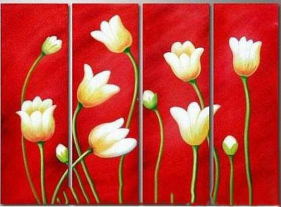 Red Background With Flowers On Canvas Hand-painted Modern Oil Paintings