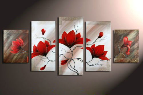 White & Brown Background With Red Flowers Custom Gifts Modern Oil Paintings