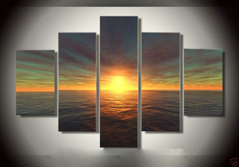 Hand-printed Sea & Sunrise Subject Rectangle Shape Modern Oil Paintings
