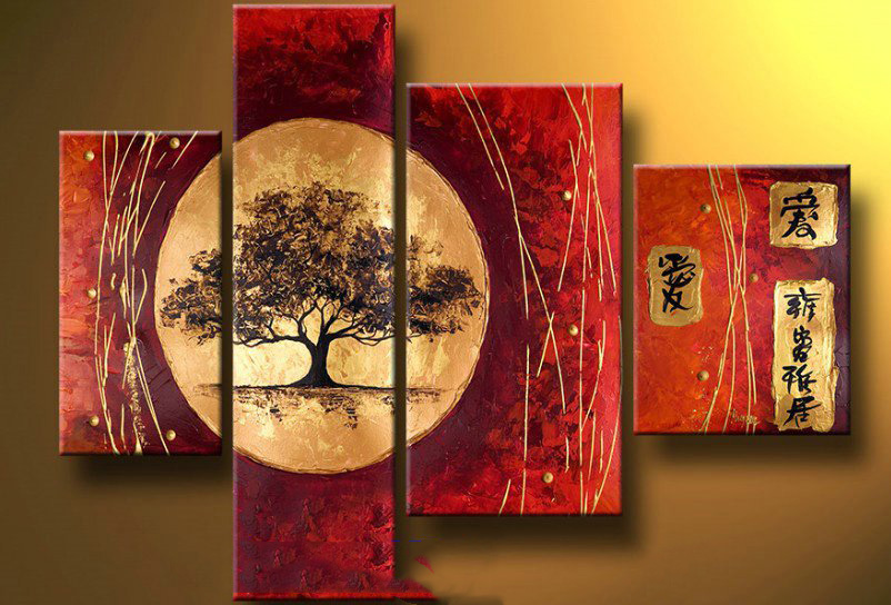 Red Background With A Tree & Characters Rimless Modern Oil Paintings