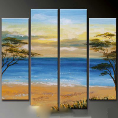 Sea & Beach With Two Trees Custom Gifts Modern Oil Paintings
