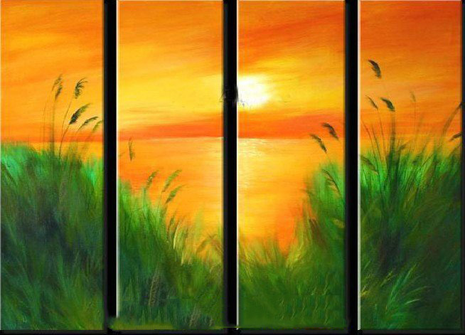 Dusk Background Green Grass Subject Canvas Modern Oil Paintings