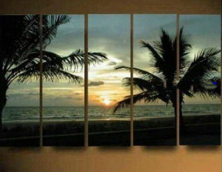 Sea & Sky Background With Two Coconut Palm Wall Decoration Modern Oil Paintings
