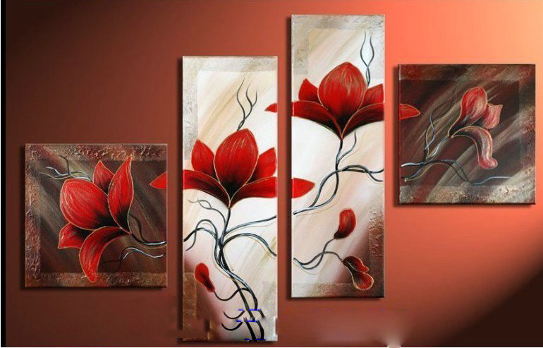 With Red Flowers Rectangle & Square Shape Canvas Modern Oil Paintings