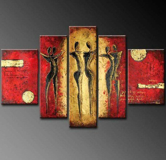 With People Red & Yellow Background On Canvas Modern Oil Paintings
