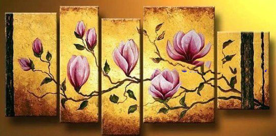 Canvas Gold Background Peach Blossom Modern Oil Paintings