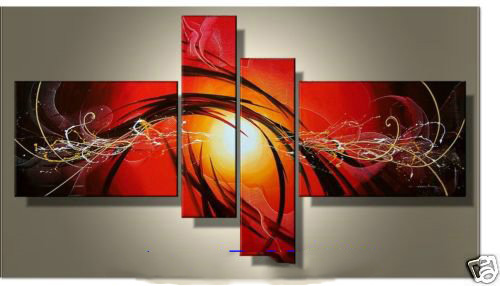 Yellow & Red Background With Curvy Strips On Canvas Modern Oil Paintings