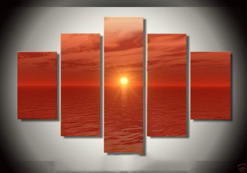 Red Background Sea & Sun Subject Rectangle Shape Modern Oil Paintings