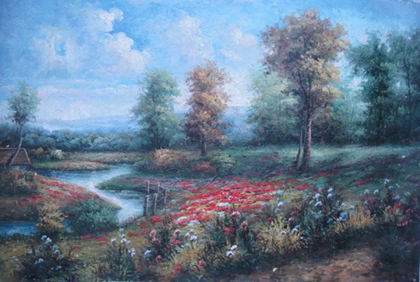 Trees & River Subject Canvas Square Shape Modern Oil Paintings