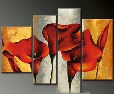 Silver & Orange Background With Red Flower Canvas Modern Oil Paintings
