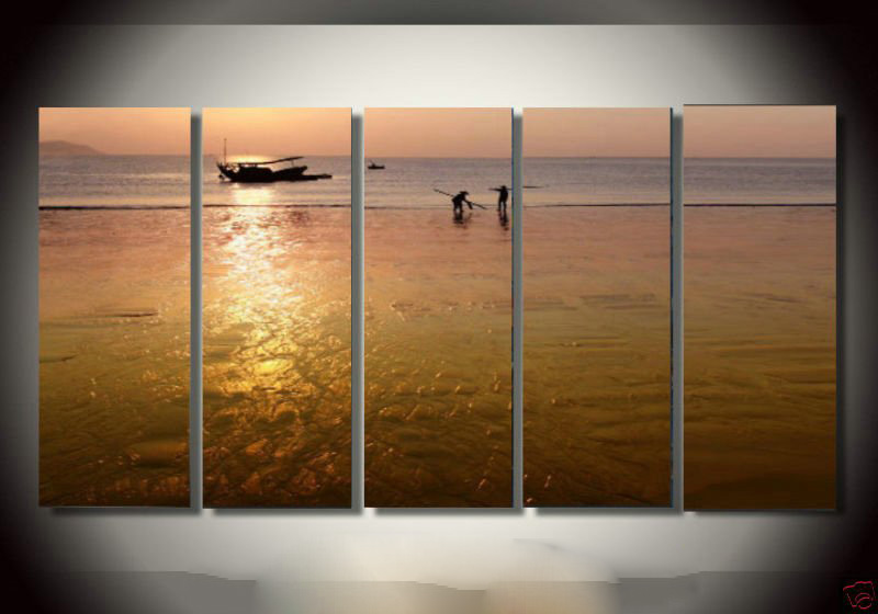 Dusk Background Sea & Fishmen Subject Canvas Modern Oil Paintings