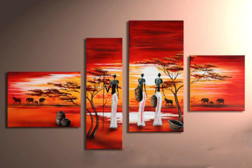 Red Background Person & Cattles Subject Frameless Abstract Oil Paintings