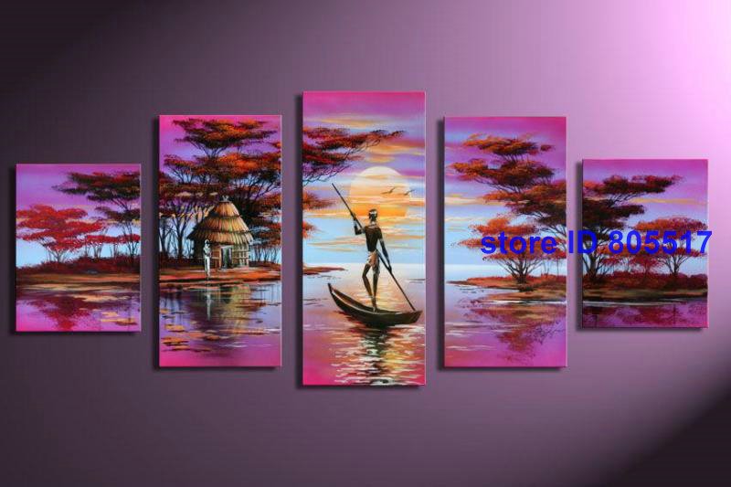 Character & House & Trees & Moon Subject Red Background Frameless Abstract Oil Paintings
