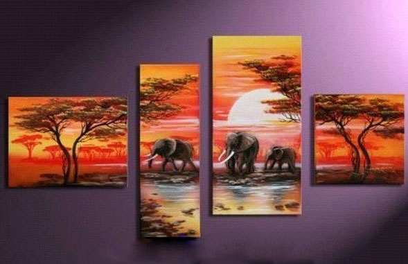 Elephant & Sunset Subject Colorful Background Canvas Abstract Oil Paintings