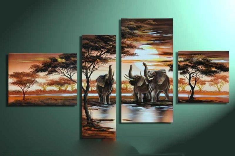 Dusk Background Elephants & Trees & River Subject Canvas Abstract Oil Paintings