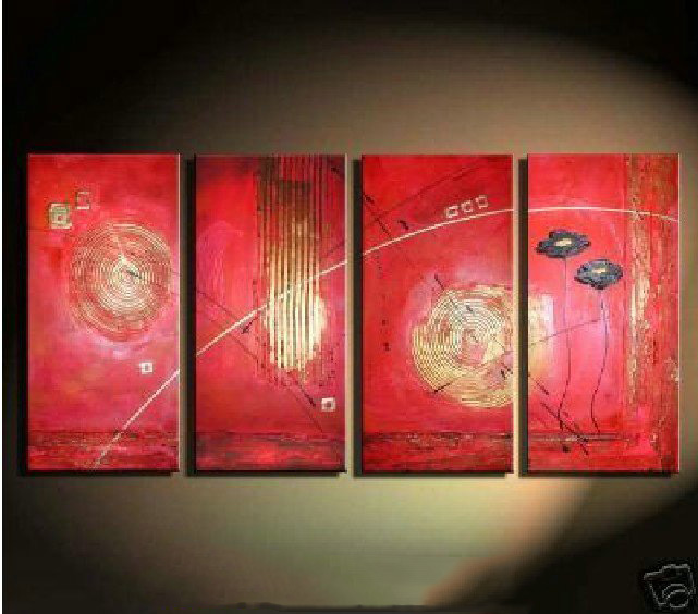 Red Background With Flowers & Straps Canvas Abstract Oil Paintings