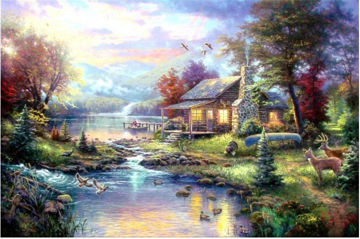 Canvas Colorfull Background Village Subject With Many Animals & Trees Abstract Oil Paintings