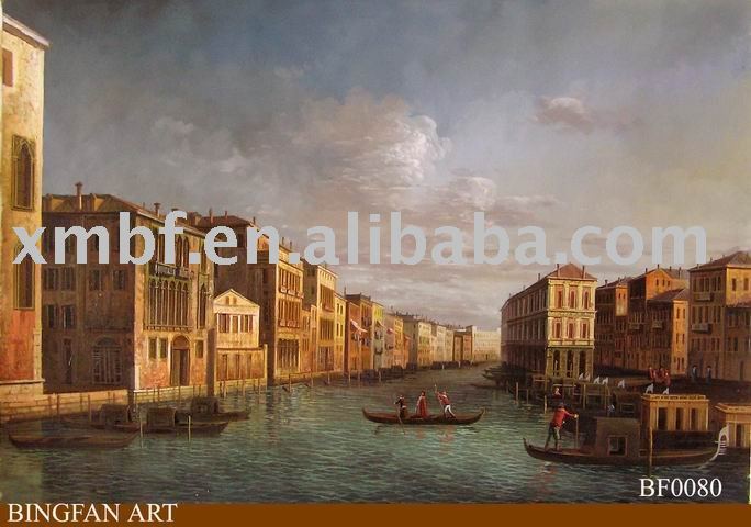 A River With Boats Houses Background Frameless Classical Oil Paintings
