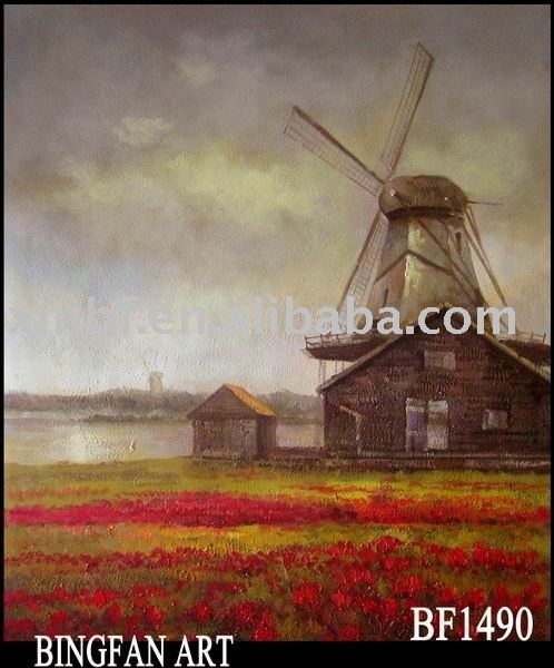 Gray Background Flower & House Subject Canvas Abstract Oil Paintings
