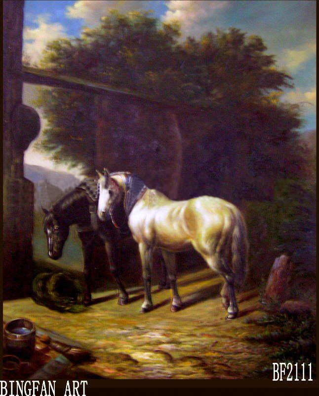 Stable Background Two Horses Canvas Classical Oil Paintings