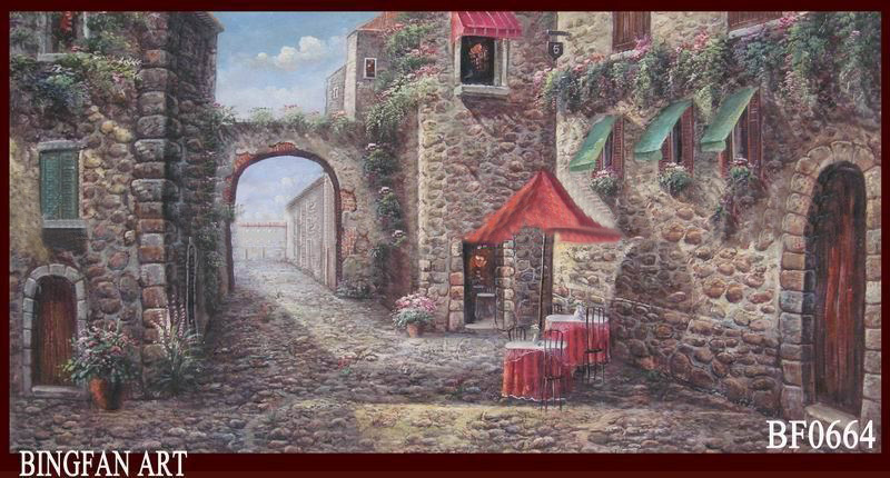 Cobblestone Houses With Many Flowers Canvas Classical Oil Paintings