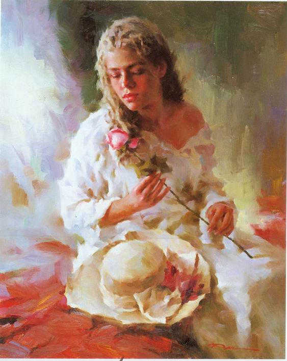 Square Shape A Girl With Rose Canvas Classical Oil Paintings