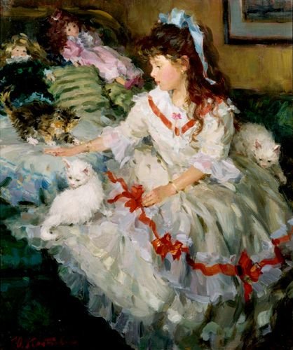 Square Shape Canvas A Girl With Dolls Classical Oil Paintings