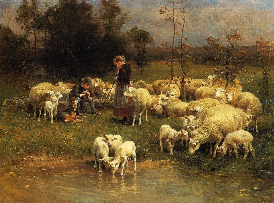 Many Sheep A Girl With A Boy Canvas Classical Oil Paintings