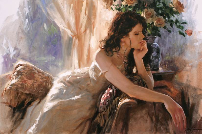 Flower Background A Girl Starring Canvas Classical Oil Paintings