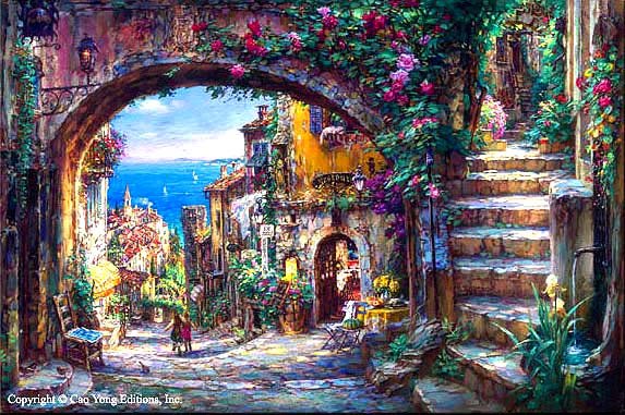 Street Subject With Flowers Decorated Canvas Classical Oil Paintings