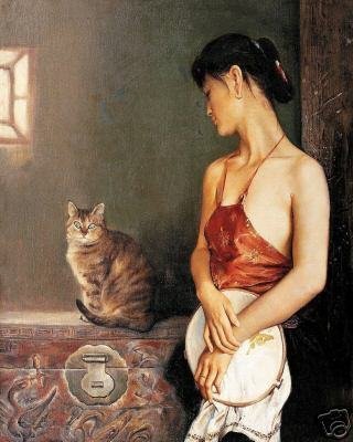 A Gril Wearing Apron With A Cat Dark Background Classical Oil Paintings
