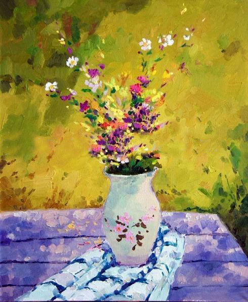 Canvas With Many Folwers Light Yellow Background Impressionist Oil Paintings