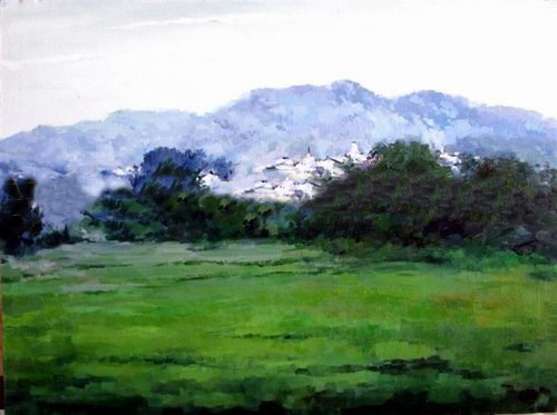 Green Background Canvas Mountains Subject Impressionist Oil Paintings