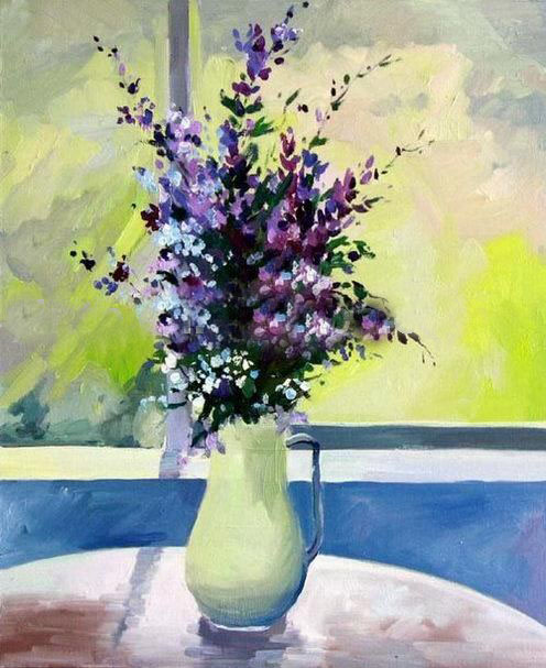 Lavender Subject Green Background Square Shape Impressionist Oil Paintings