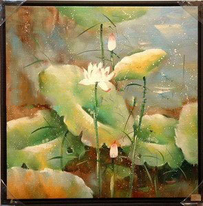 Green Lotus Square Shape Canvas Traditional Oil Paintings