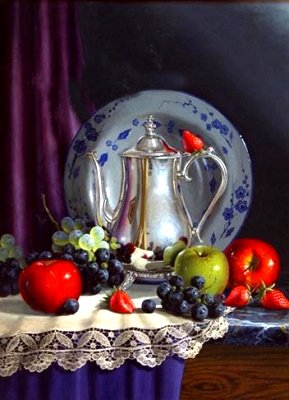 Many Fruits Purple Background Canvas Traditional Oil Paintings