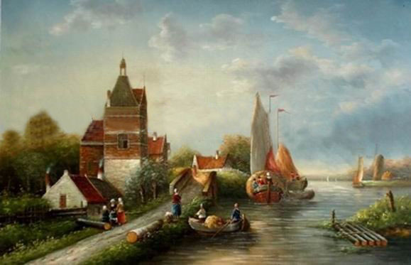 Many Houses With Boats Canvas Traditional Oil Paintings