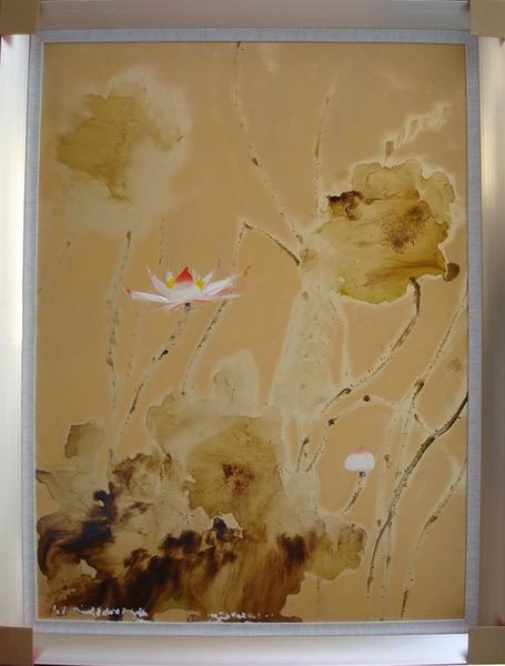 Lotus Subject Apricot Background Canvas Traditional Oil Paintings