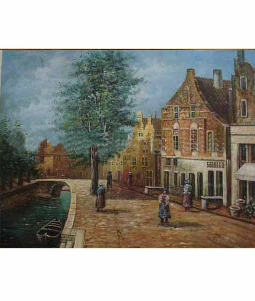 A Bridge With Many Houses Light Orange Background Traditional Oil Paintings