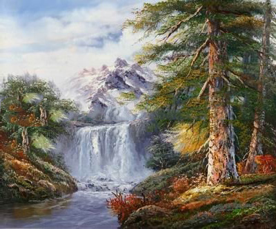 Good Condition A Huge Tree Subject Waterfall Background Realist Oil Paintings