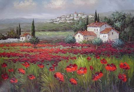 Red Lotus Background A House Canvas Realist Oil Paintings