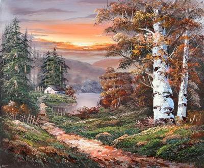 Canvas Maple Leaf Subject Green Background Realist Oil Paintings