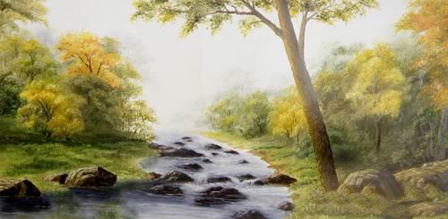 Canvas Green Background With Creek Realist Oil Paintings