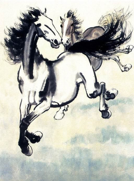 Black & Ivory Background Two Horses Canvas Realist Oil Paintings