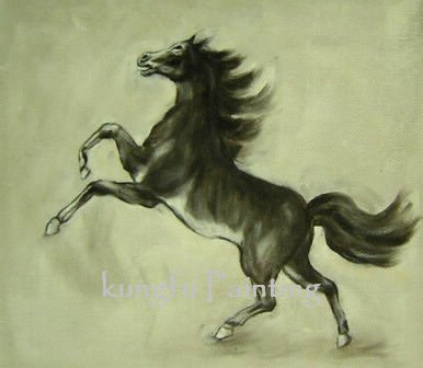 Canvas Light Green Background A Black Horse Realist Oil Paintings