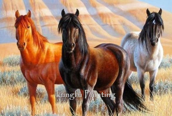 Orange Background With Three Horses Canvas Realist Oil Paintings