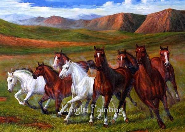 Grassland Background Eight Horses Canvas Realist Oil Paintings