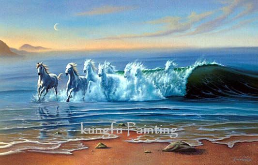 River Background Seven Horses Canvas Realist Oil Paintings