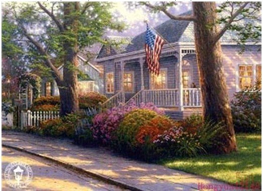 National Flag A House With Many Trees Flower Oil Paintings